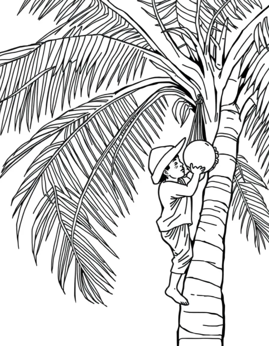 (Philippines) A farmer climbing a coconut tree to gather fresh buko (coconuts) in the province