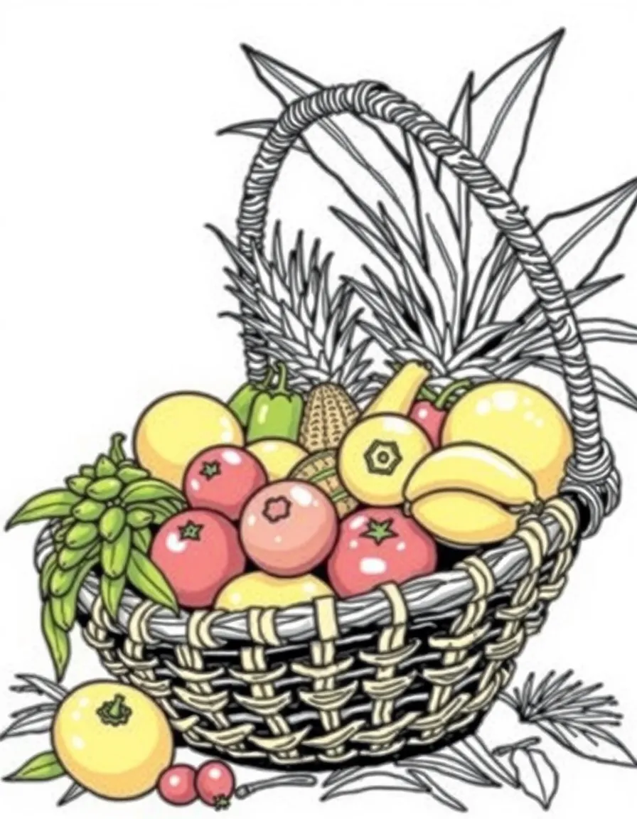 (Philippines) A woven rattan basket filled with tropical fruits and vegetables from a local market