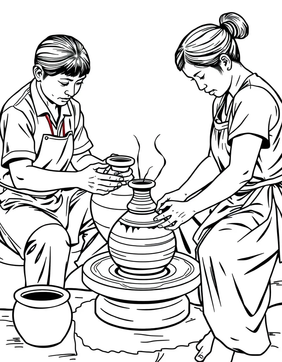 (Philippines) Potters in Vigan City making burnay clay jars by hand on a potter’s wheel
