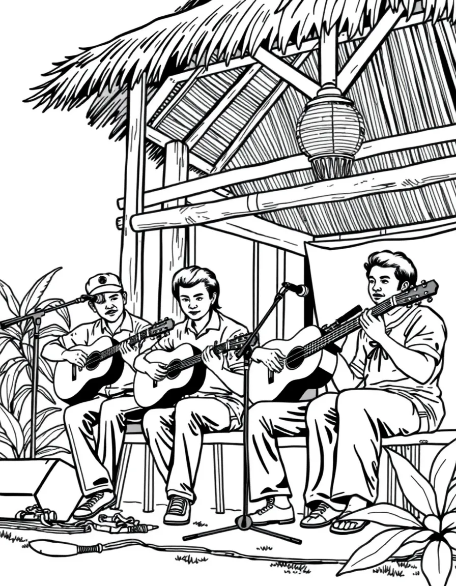 (Philippines) A Filipino band playing guitars and rondalla instruments (stringed instruments) under a bahay kubo