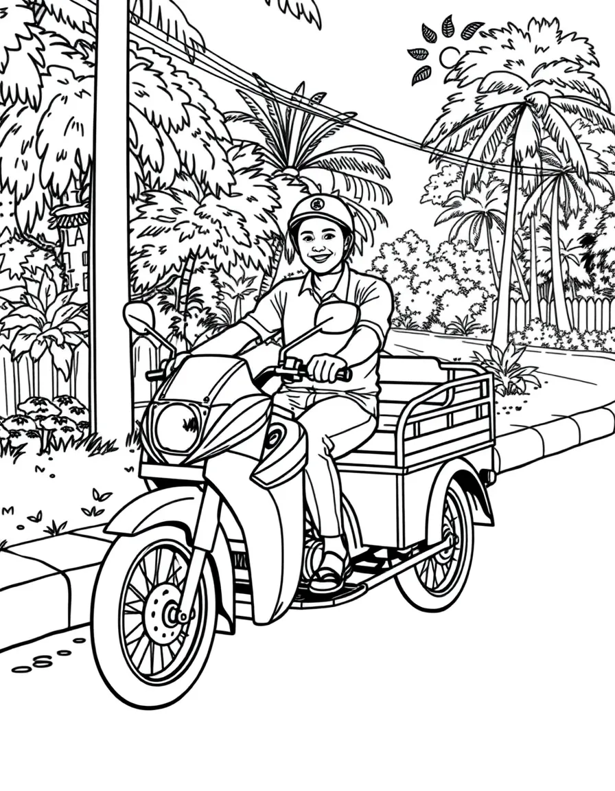 (Philippines) A tricycle (motorbike with sidecar) taxi waiting by a roadside with a smiling driver