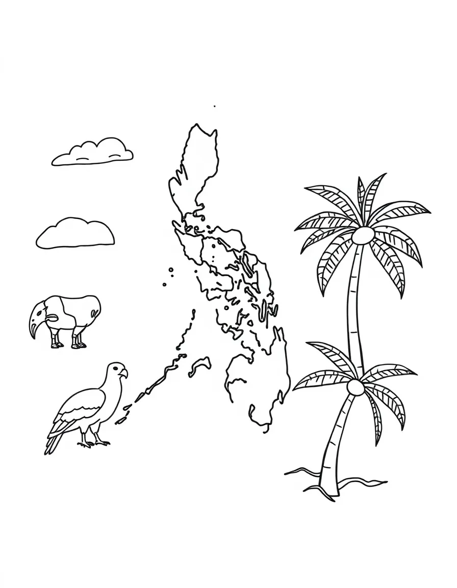 (Philippines) A map of the Philippines with drawings of a carabao, an eagle, and a coconut tree around it