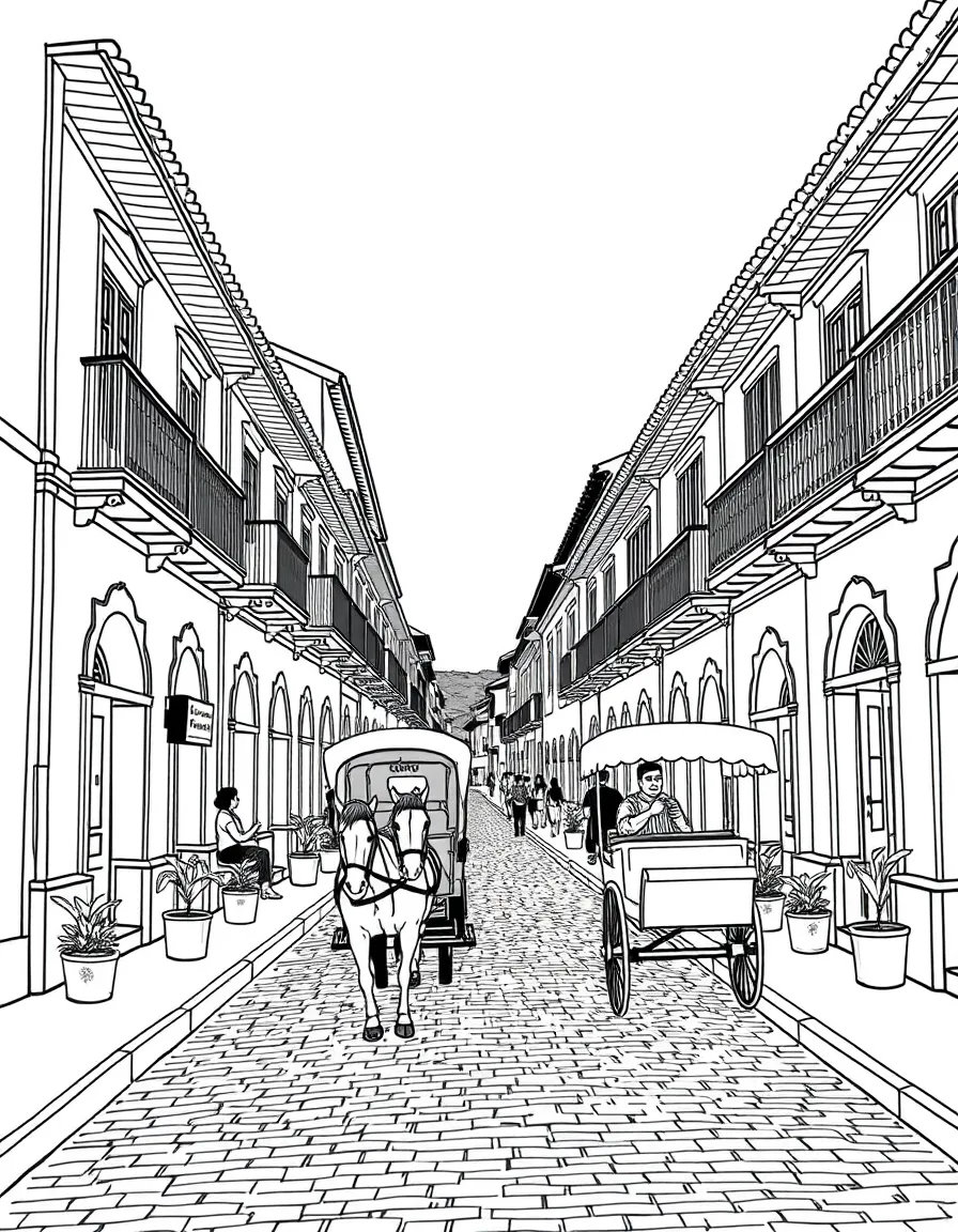 (Philippines) The Calle Crisologo in Vigan with Spanish-era houses and a horse-drawn carriage on cobblestone streets