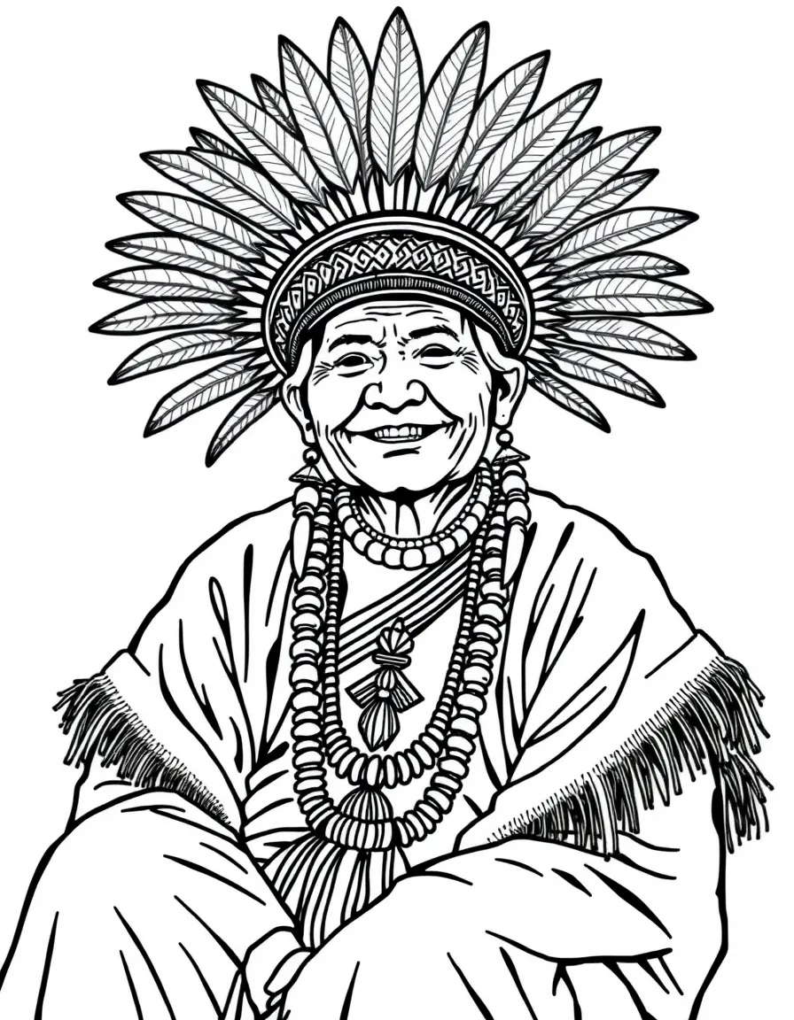 (Philippines) An Ifugao elder in traditional attire with a feathered headdress, sitting and smiling