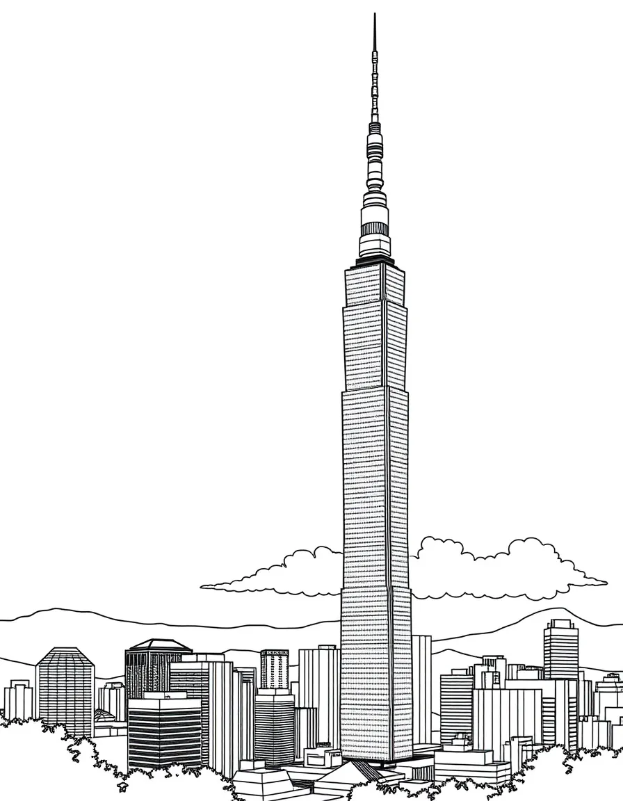 (Taiwan) The Taipei 101 skyscraper towering above the city, with clouds around its peak