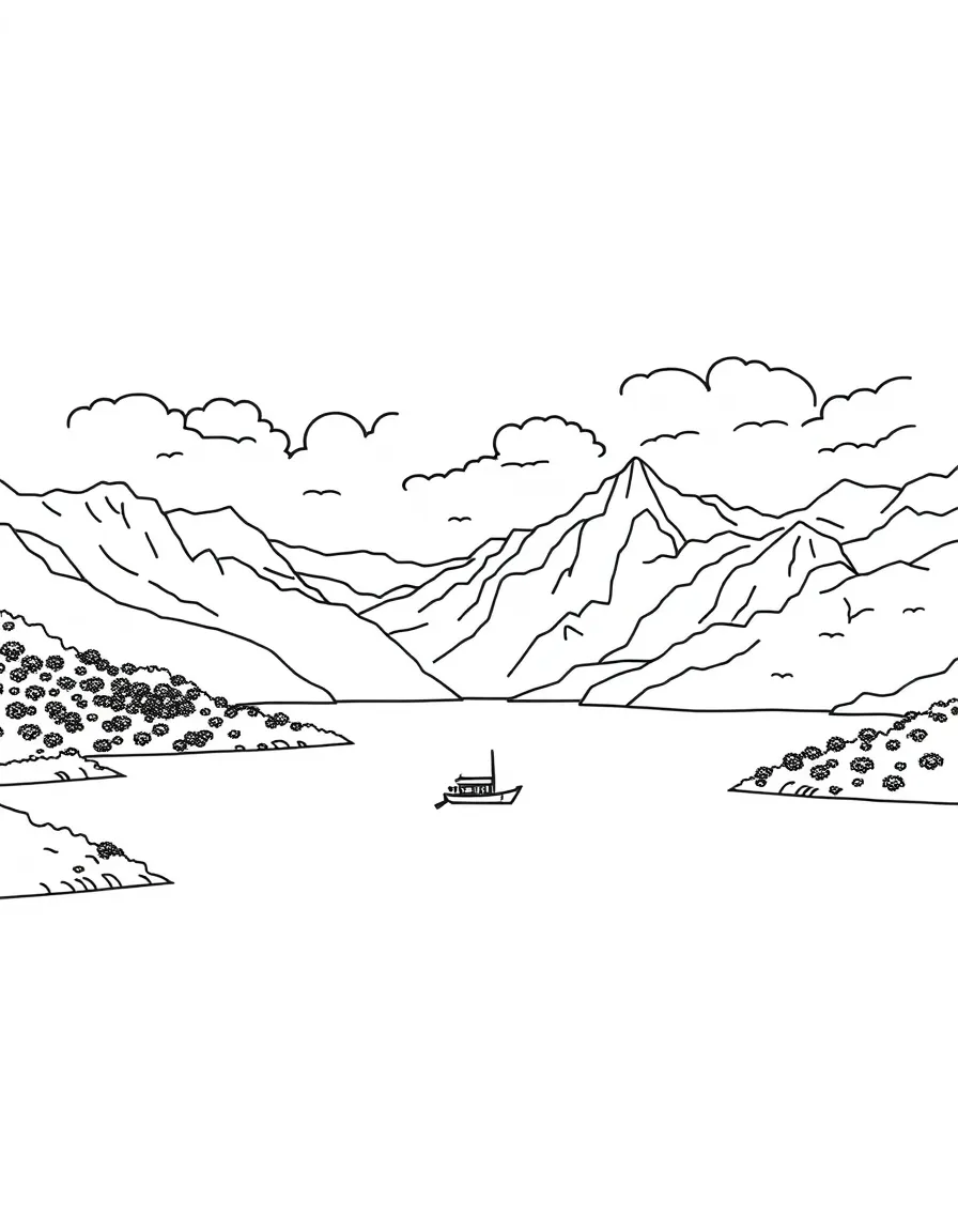 (Taiwan) Sun Moon Lake surrounded by mountains, with a small boat floating on the calm water