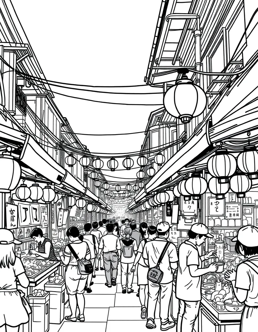 (Taiwan) A bustling night market scene with food stalls, lanterns, and people eating street food