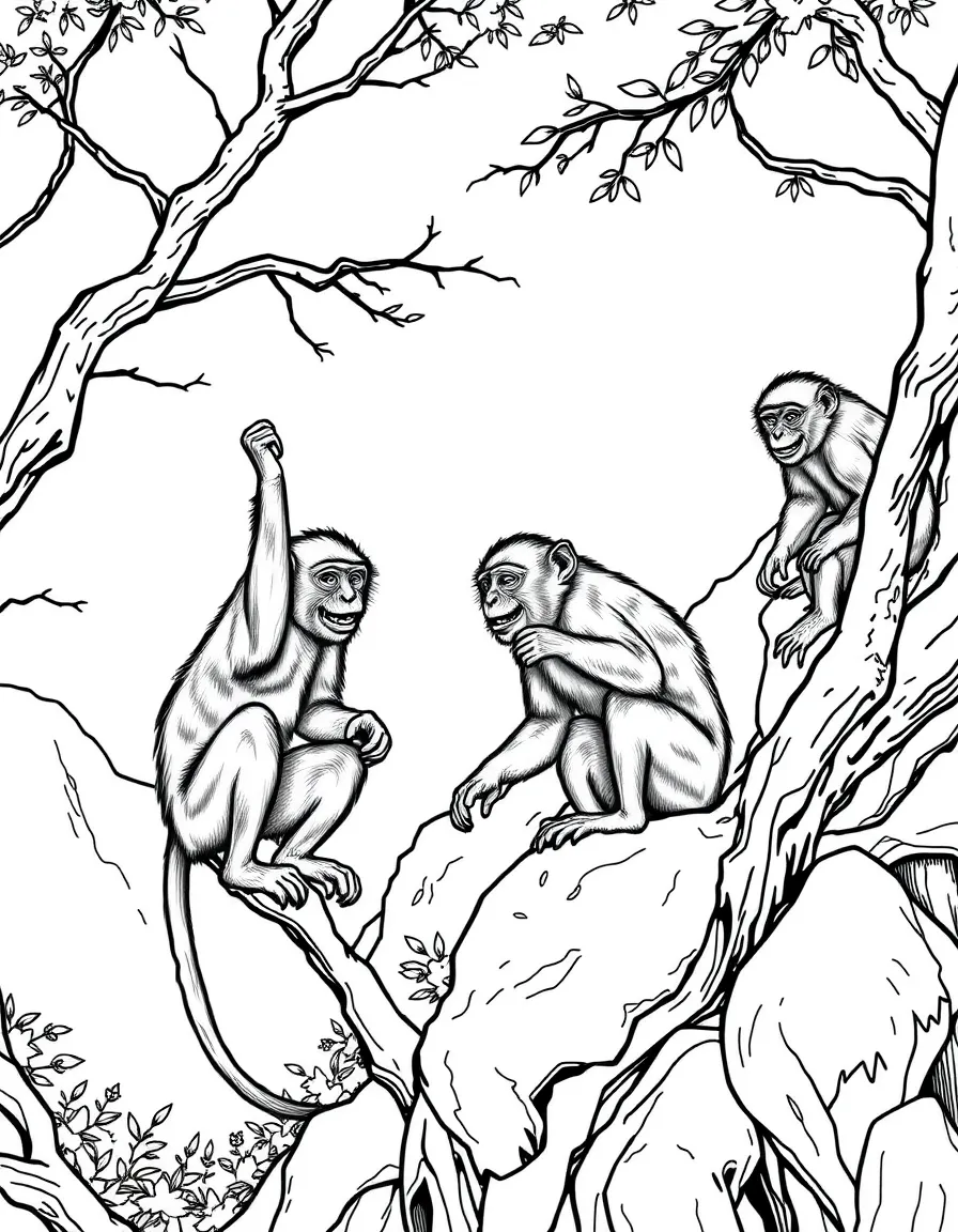(Taiwan) A group of Formosan rock macaque monkeys playing in the trees on a mountainside