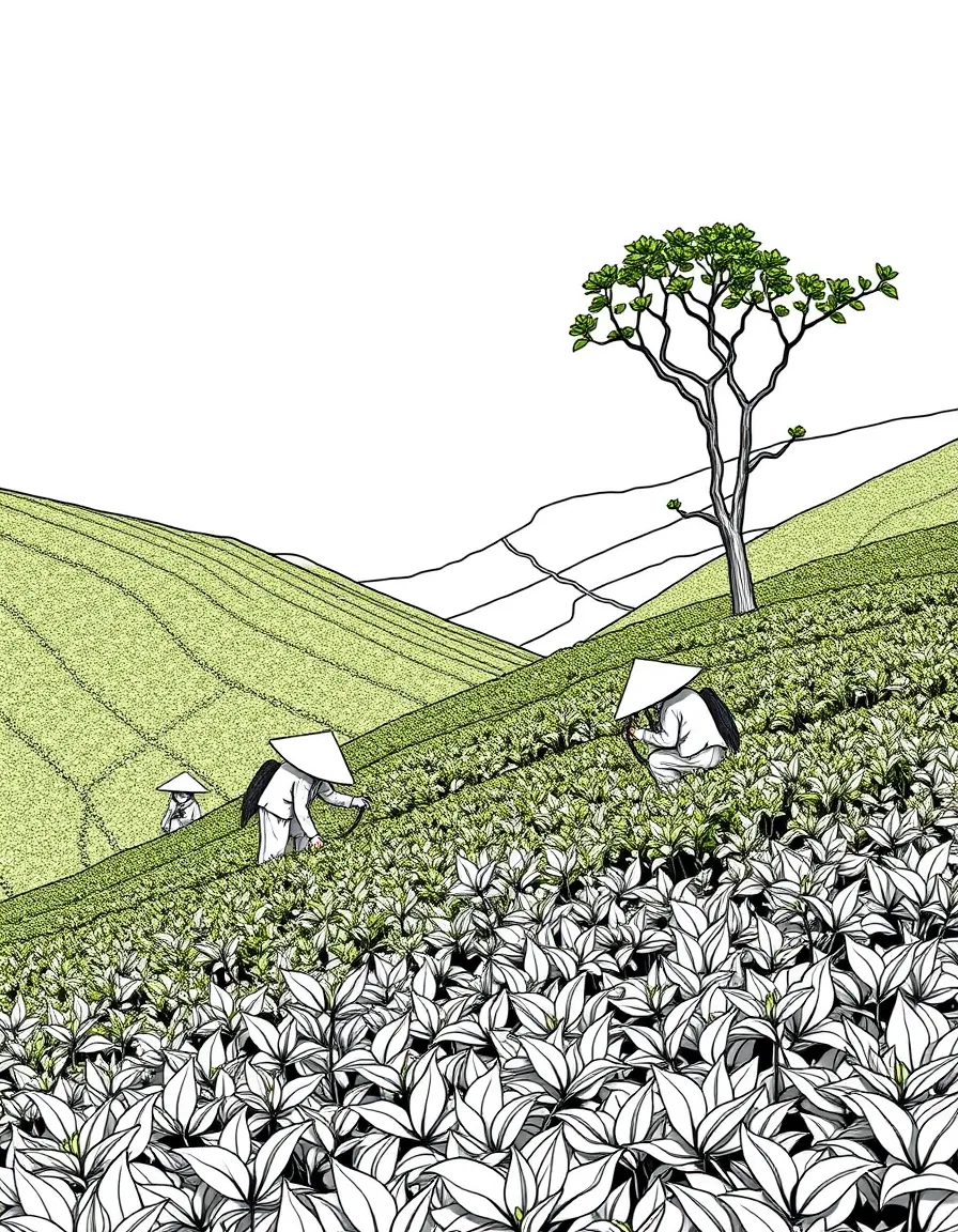 (Taiwan) Tea farmers harvesting leaves in a green tea plantation on a hillside (like in Maokong or Alishan)