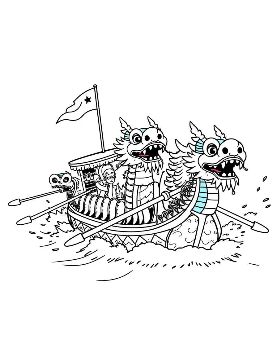 (Taiwan) A team rowing a colorful dragon boat in a race during the Dragon Boat Festival