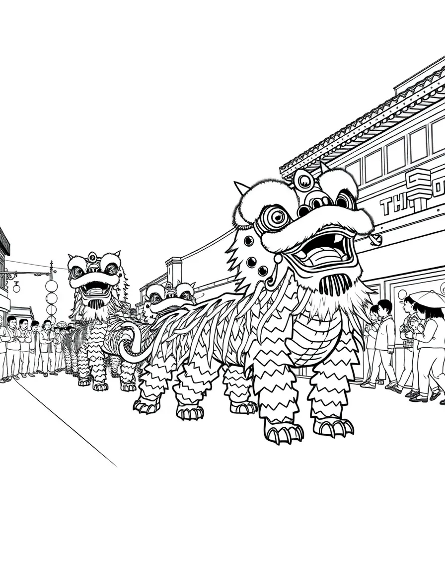 (Taiwan) Lion dancers and a long dragon parade in the street for Chinese New Year celebrations in Taiwan