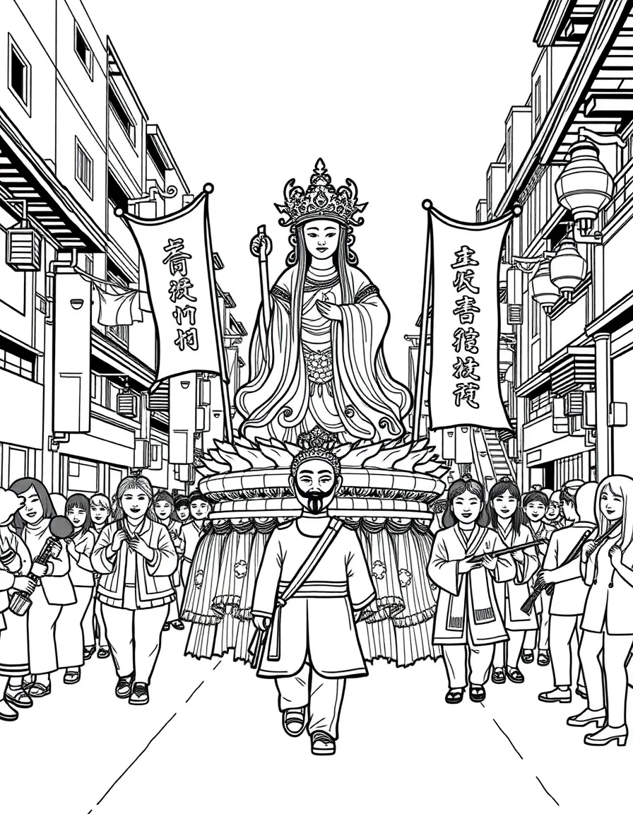 (Taiwan) A street procession carrying a statue of the sea goddess Mazu with temple banners and music