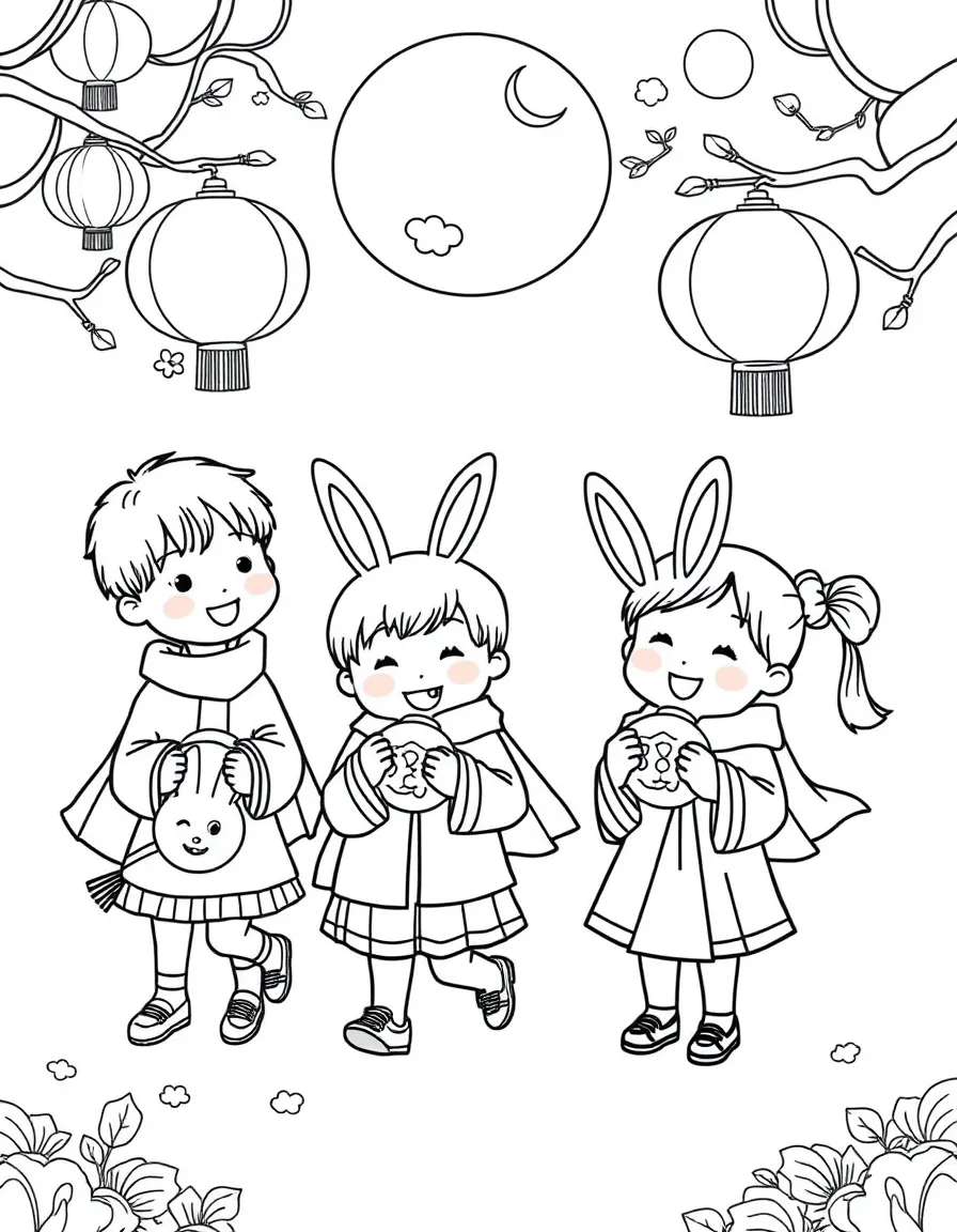 (Taiwan) Children eating mooncakes and carrying rabbit-shaped lanterns for the Mid-Autumn Festival