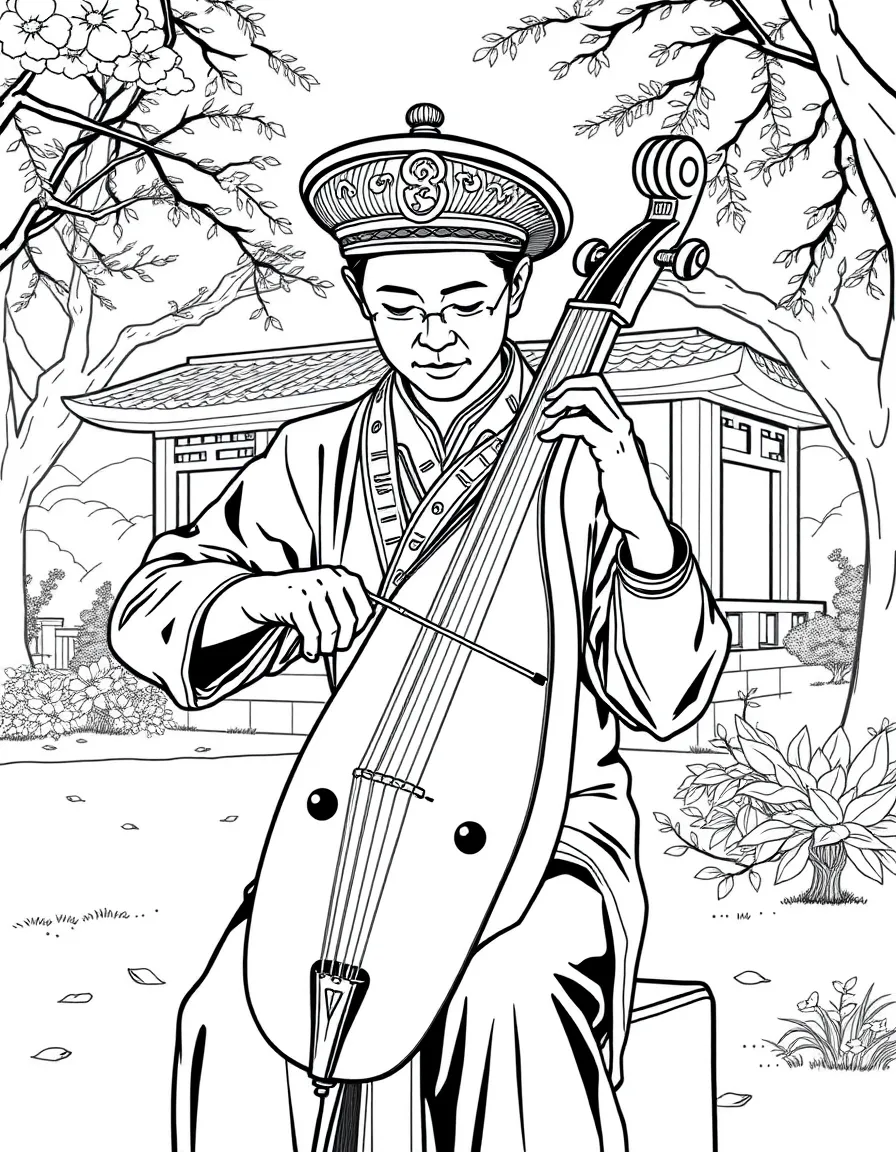 (Taiwan) An artist playing a traditional erhu (two-stringed fiddle) in a park