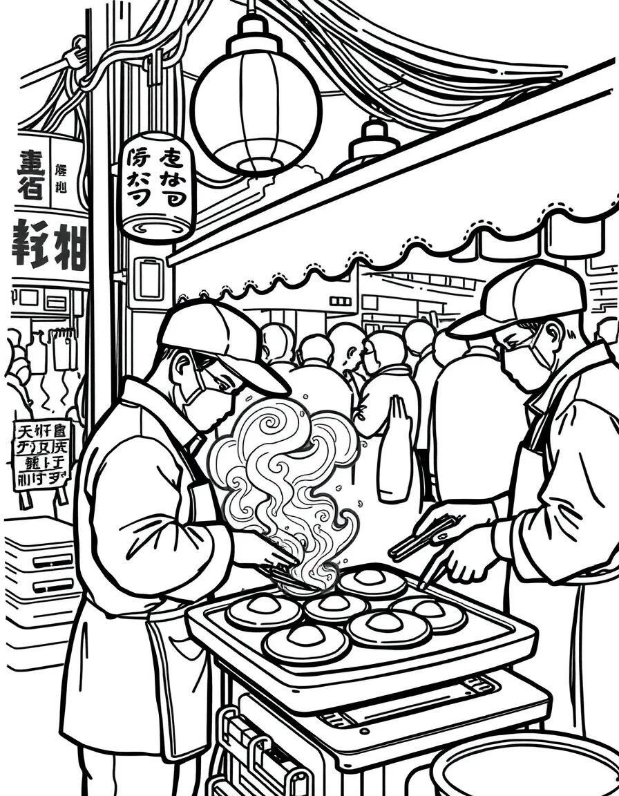 (Taiwan) Street vendors making oyster omelettes on a hot griddle at a night market