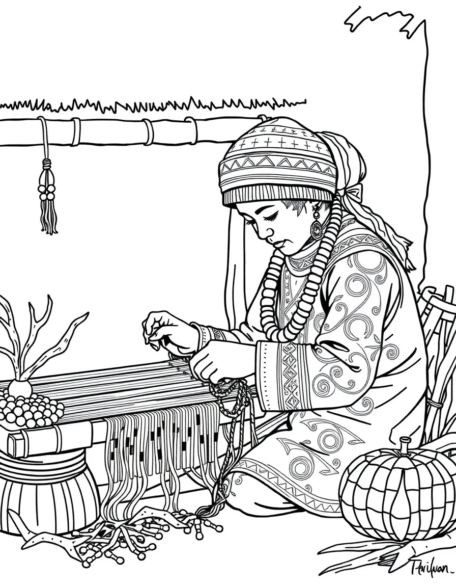 (Taiwan) An indigenous artisan weaving a colorful fabric or stringing beads to make jewelry in a village