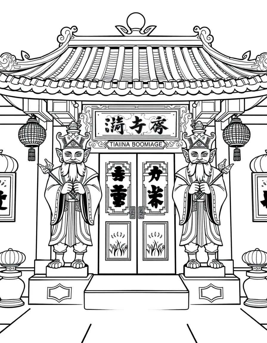 (Taiwan) Brightly painted door gods guarding the entrance of a Taiwanese temple