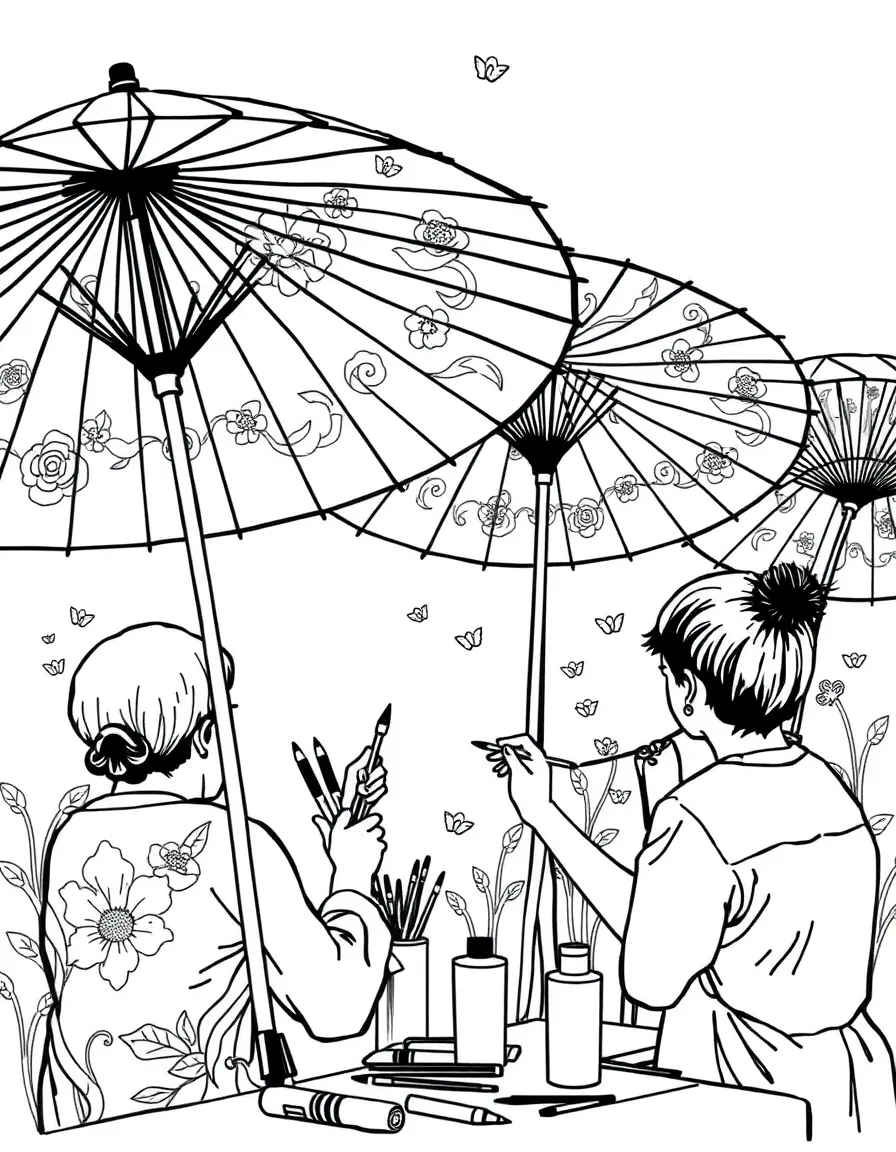(Taiwan) Handmade paper umbrellas being painted with floral designs in an art workshop