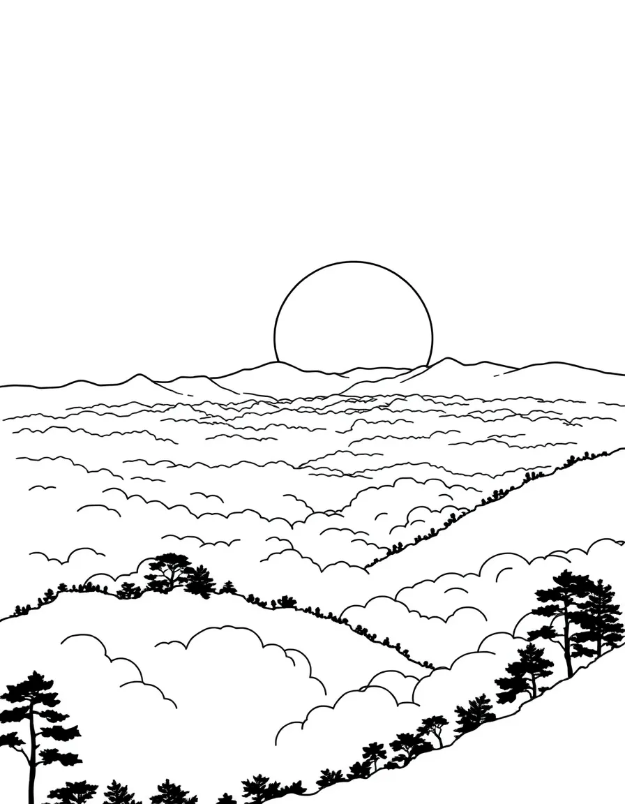 (Taiwan) The sun rising over the mountains at Alishan, with silhouettes of trees above a sea of clouds