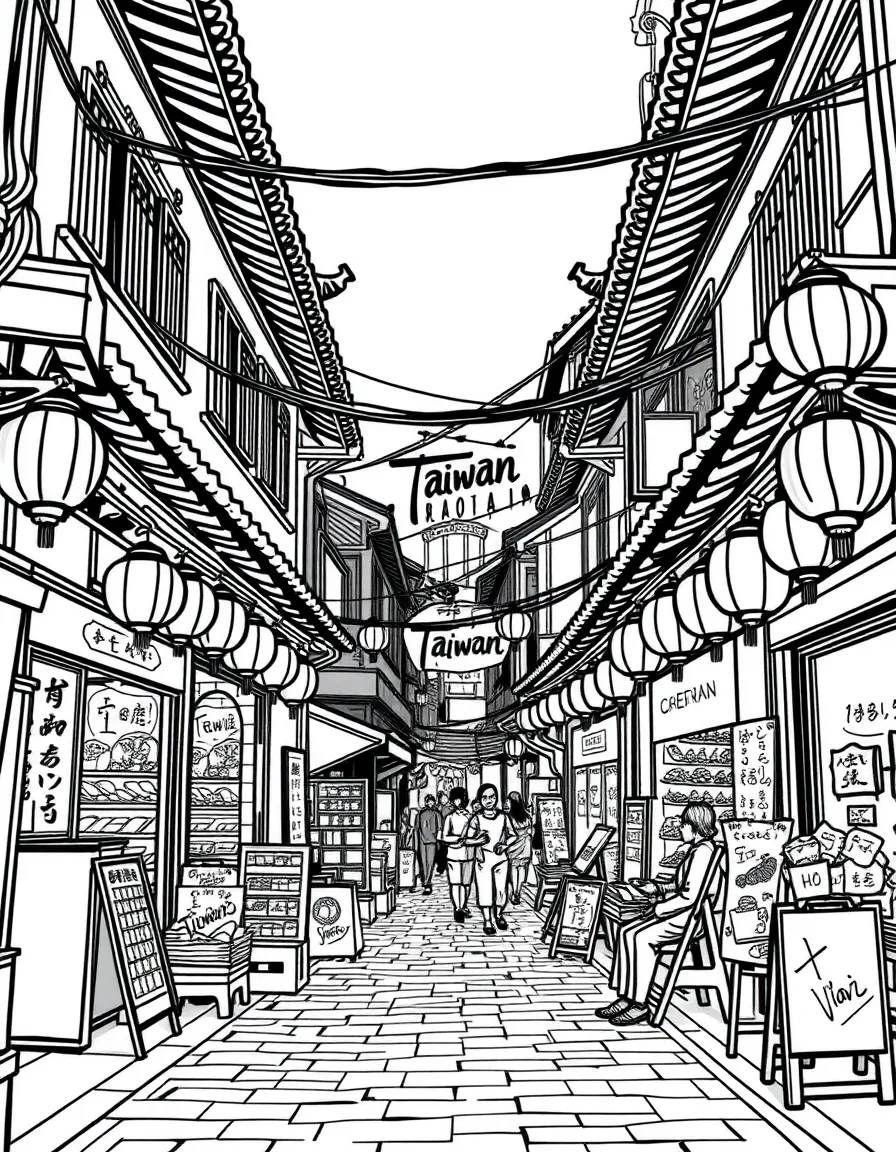 (Taiwan) An old street in Tainan decorated with lanterns and traditional shops selling snacks