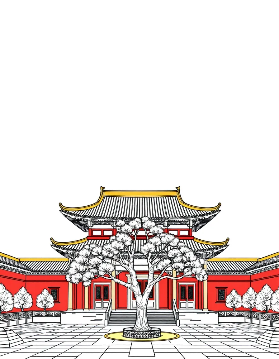 (Taiwan) The Confucius Temple in Tainan with its red walls, golden roof edges, and a peaceful courtyard tree