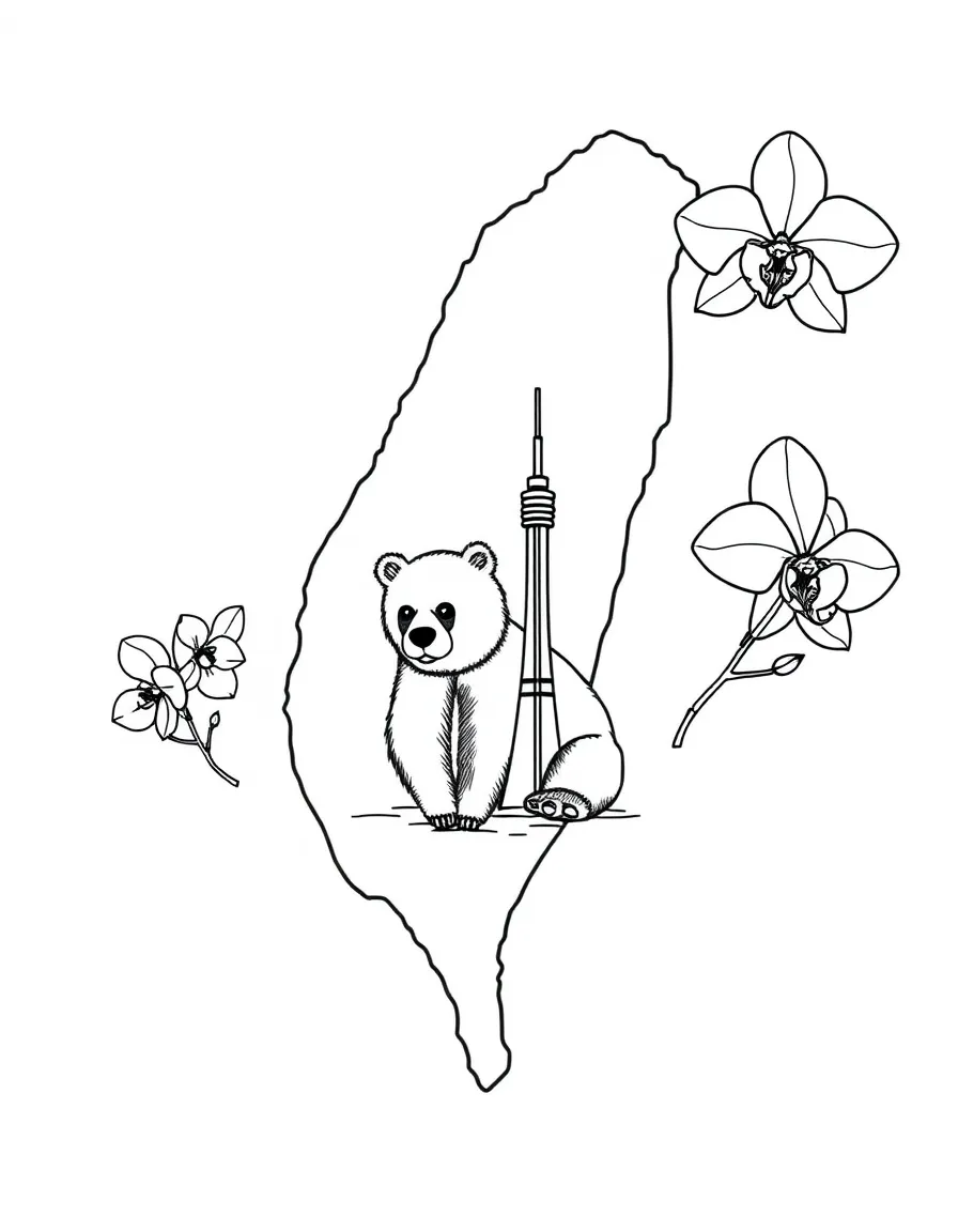 (Taiwan) A map of Taiwan with drawings of a Formosan bear, Taipei 101, and an orchid around it