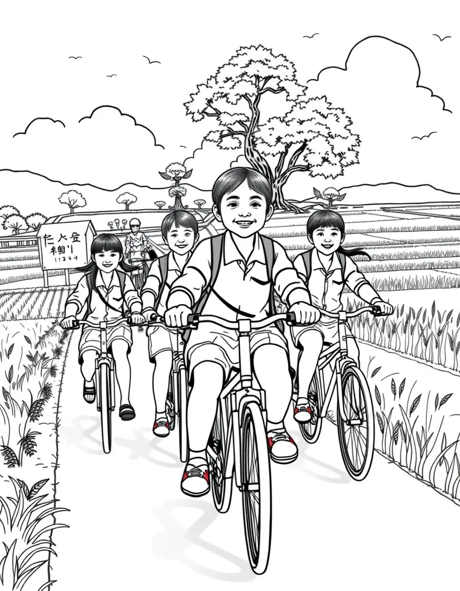 (Taiwan) Students in school uniforms riding bicycles on a rural road lined with rice paddies