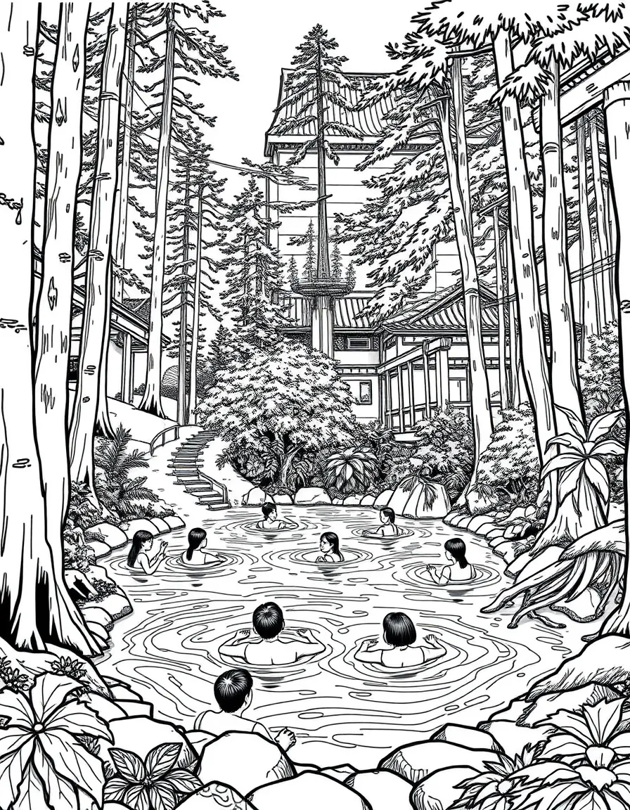 (Taiwan) A hot spring pool in the woods with people relaxing in the warm water surrounded by nature