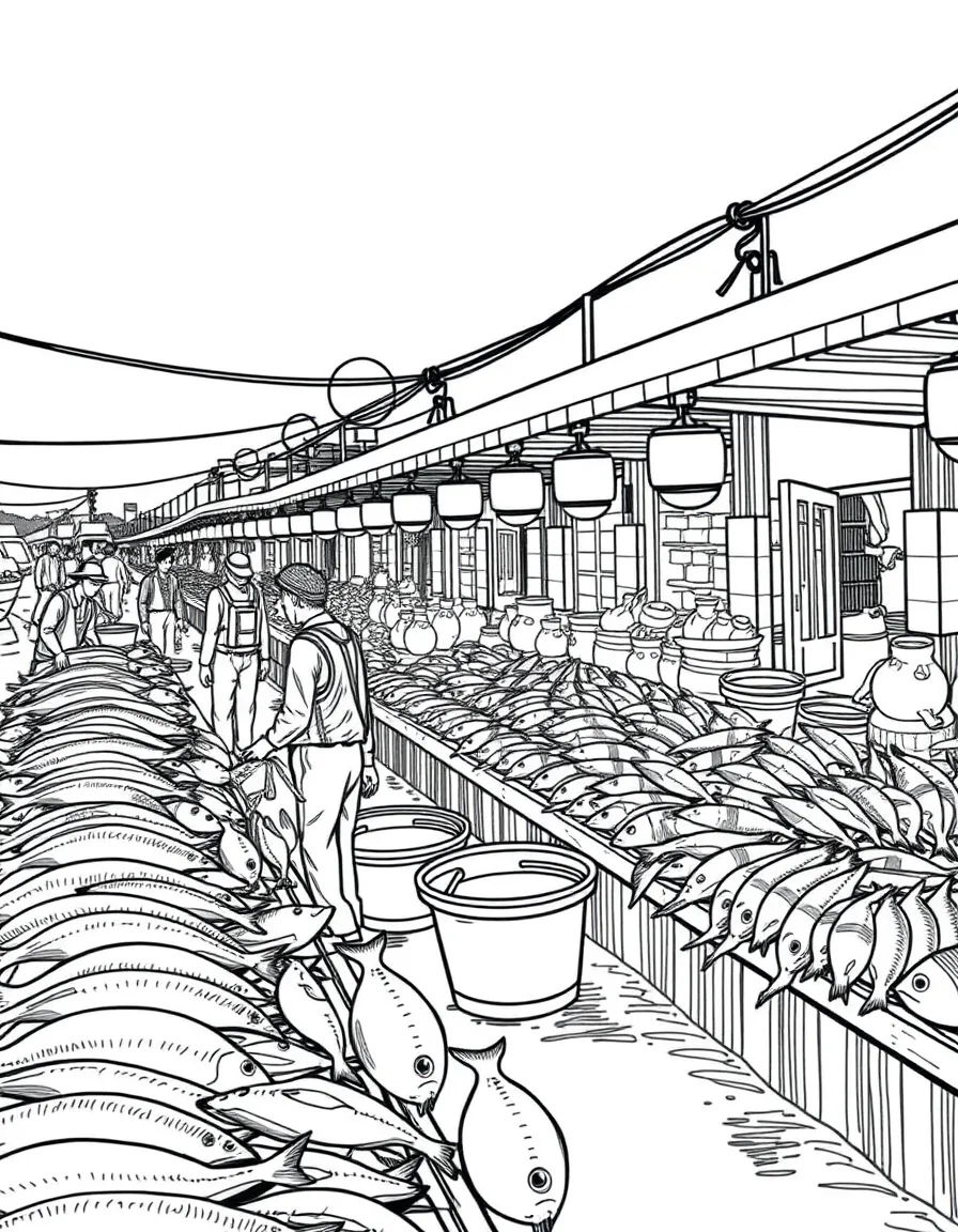 (Taiwan) A bustling fish market at dawn with fishermen unloading their catch and rows of fresh fish on display