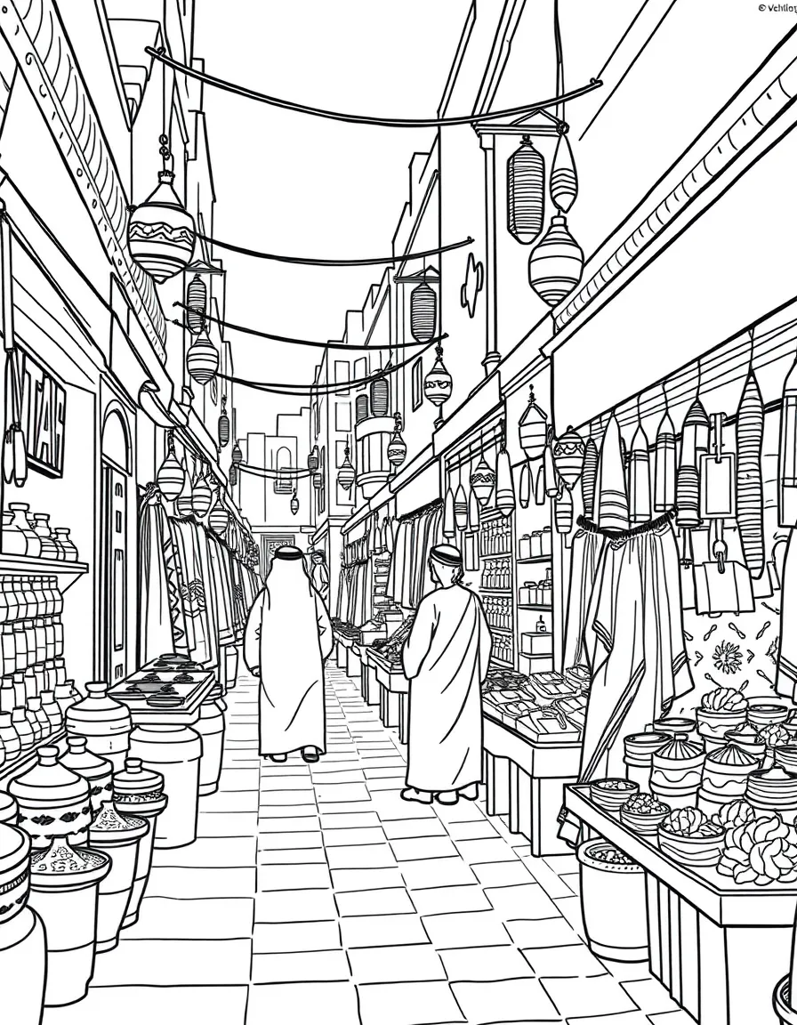 (Qatar) A scene in Souq Waqif with shops selling spices, fabrics, and handicrafts in narrow alleys