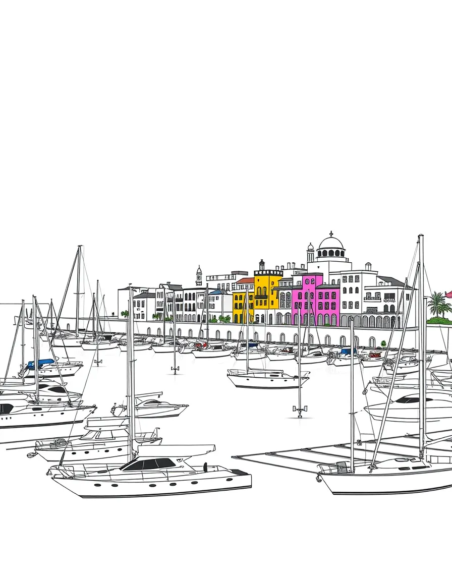 (Qatar) The Pearl-Qatar island marina with yachts and colorful Mediterranean-style buildings