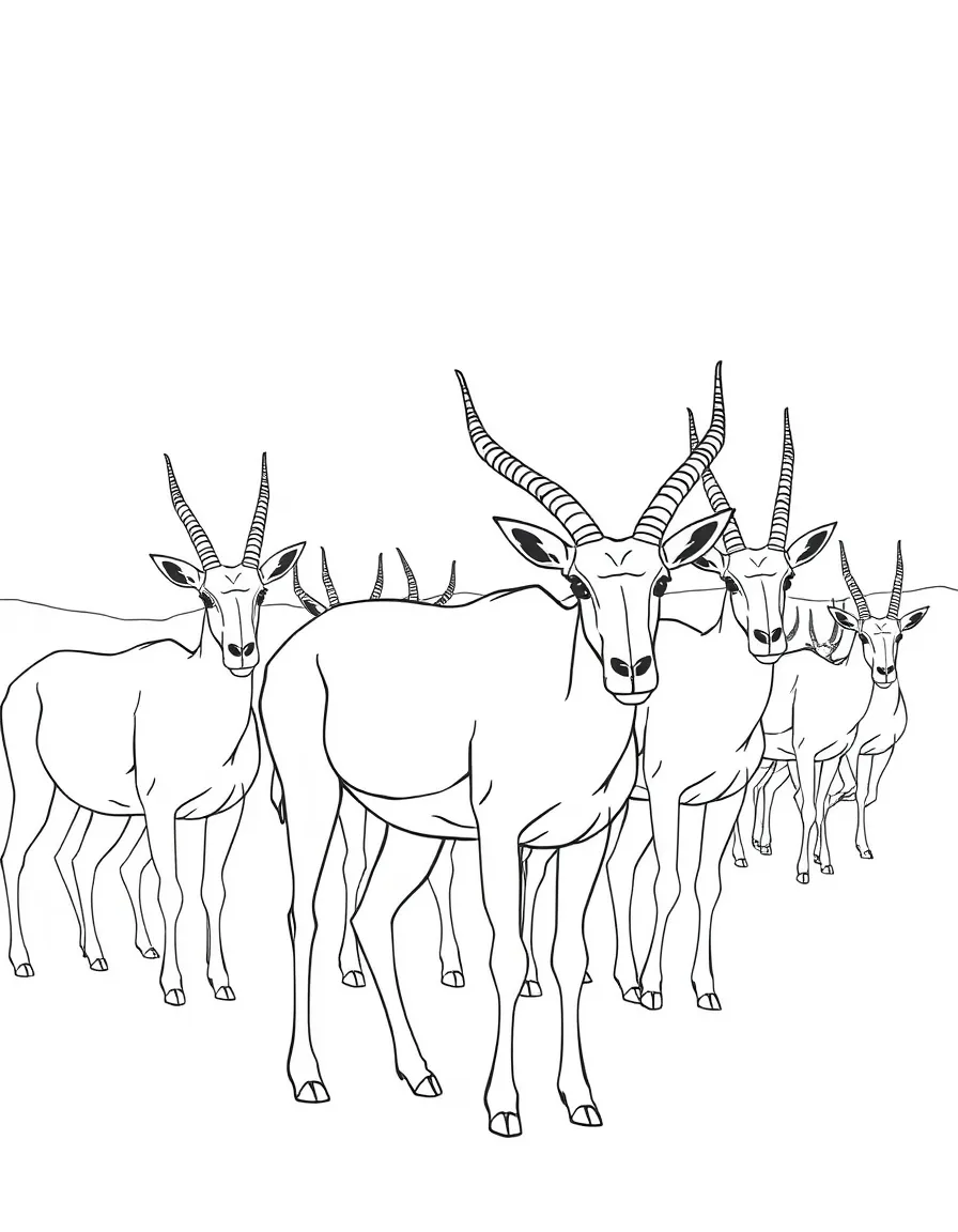 (Qatar) A herd of Arabian oryx (white antelopes with long straight horns), Qatar’s national animal, roaming the desert