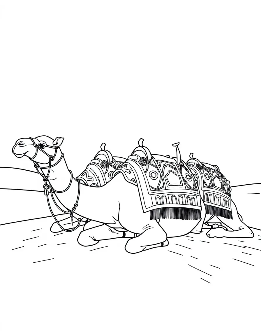(Qatar) Camels with decorative saddles resting on the sand dunes, ready for a camel ride tour