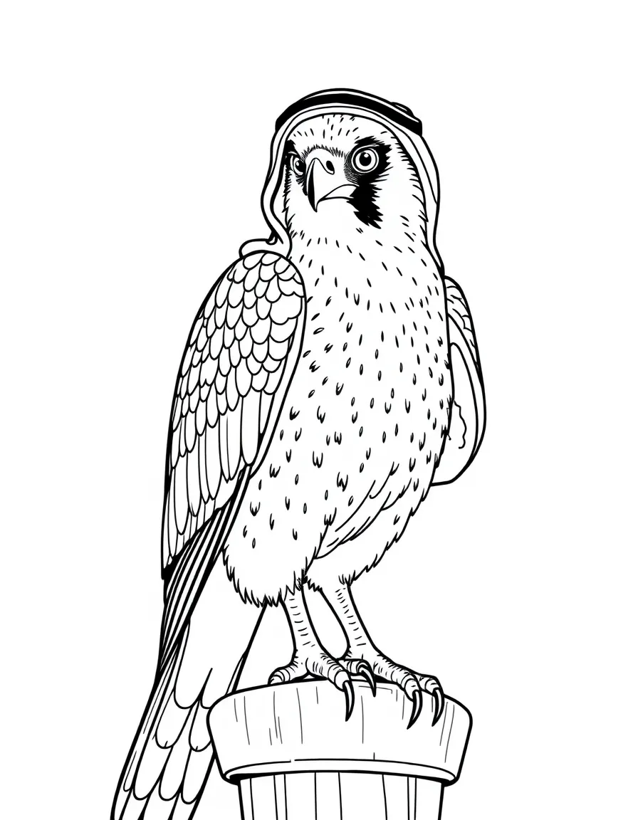 (Qatar) A falcon perched on its stand wearing a hood (falconry is a traditional Qatari sport)
