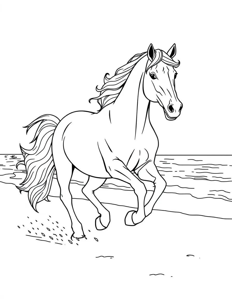 (Qatar) An Arabian horse with a flowing mane galloping along a beach by the sea