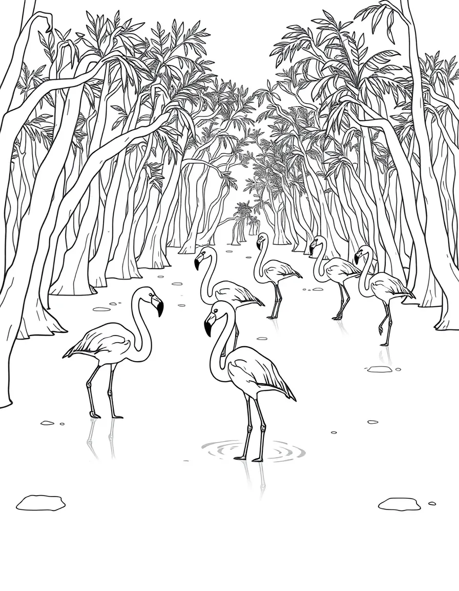 (Qatar) Flamingos standing in the shallow waters of a mangrove forest at Al Thakira