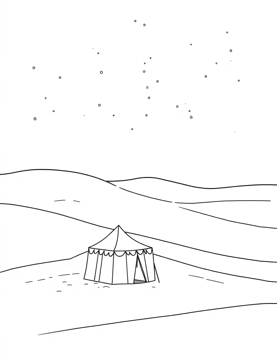 (Qatar) A quiet desert scene with golden sand dunes and a Bedouin tent camp under the stars