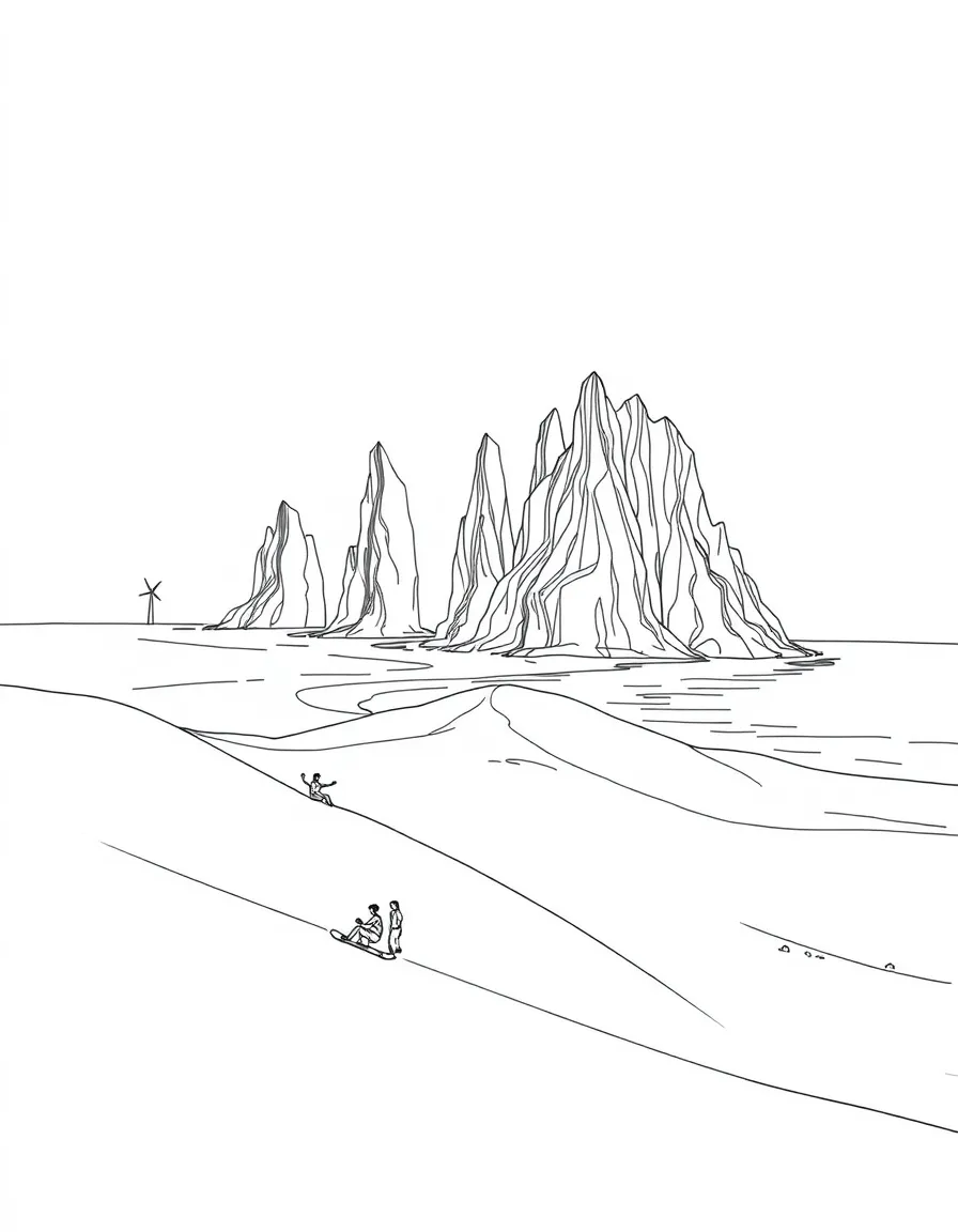 (Qatar) The Inland Sea (Khor Al Adaid) where towering dunes meet the water, with people sandboarding down the slopes