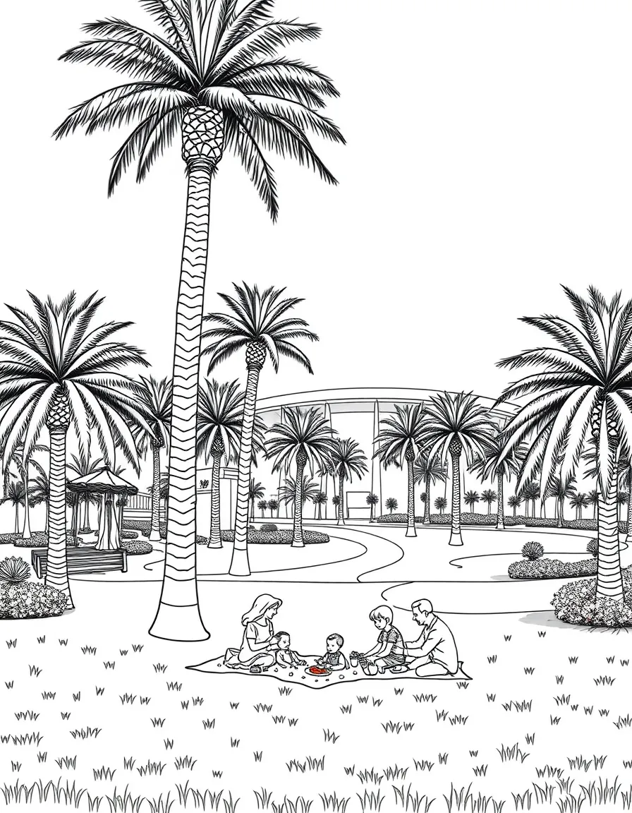(Qatar) Palm trees and green grass at Aspire Park in Doha, with families having a picnic