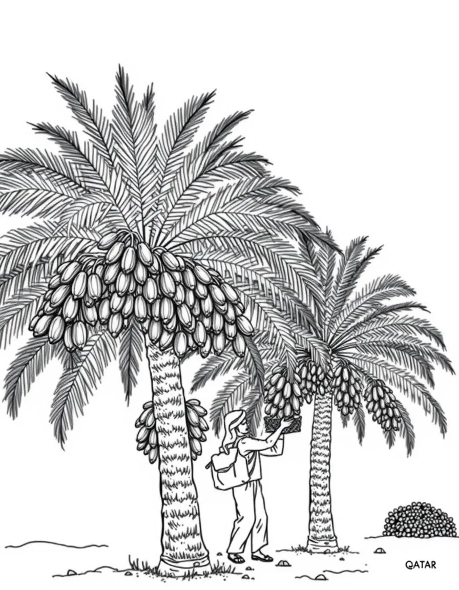 (Qatar) Date palm trees laden with clusters of ripe dates, with a farmer harvesting the fruit