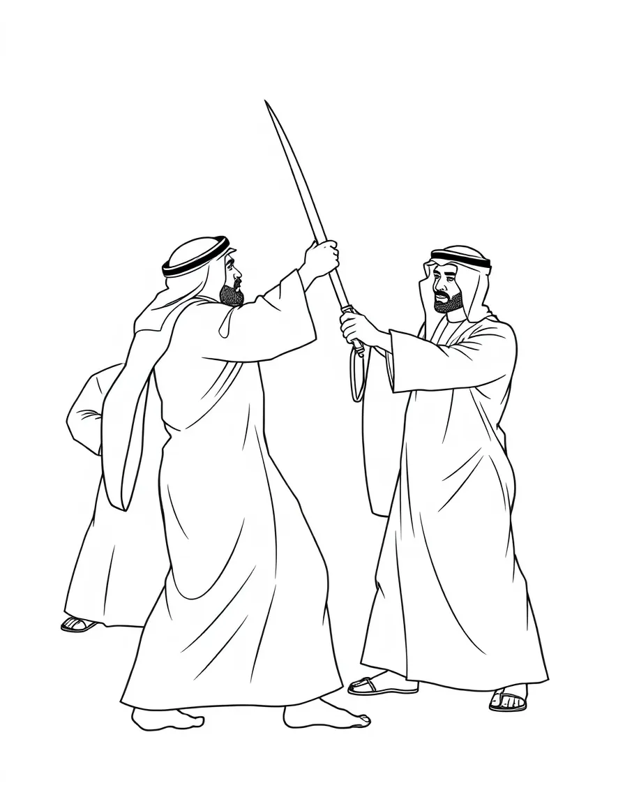 (Qatar) Qatari men in traditional thobes (white robes) and ghutra headscarves performing the Ardah sword dance