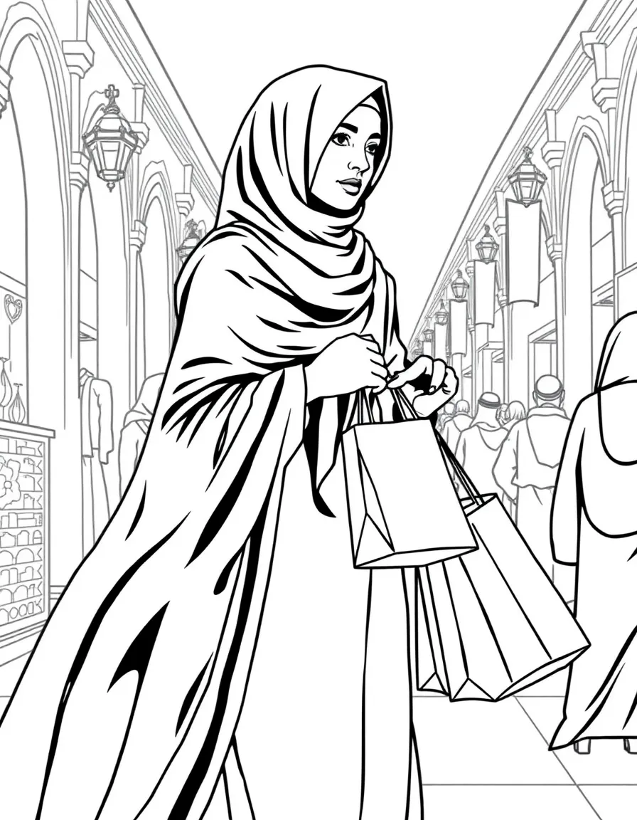 (Qatar) A Qatari woman in an elegant abaya (black cloak) and shayla headscarf carrying shopping bags in the souq