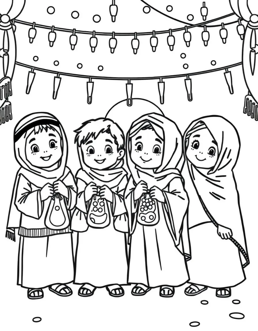 (Qatar) Children in Qatar celebrating Garangao (a mid-Ramadan festival) with traditional clothes and bags of candy