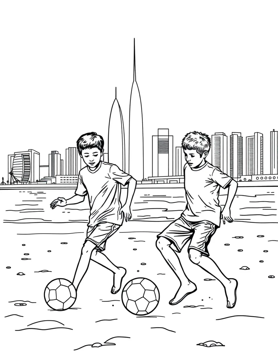 (Qatar) Boys playing football (soccer) on the beach with the Doha skyline in the background (a popular pastime in Qatar)