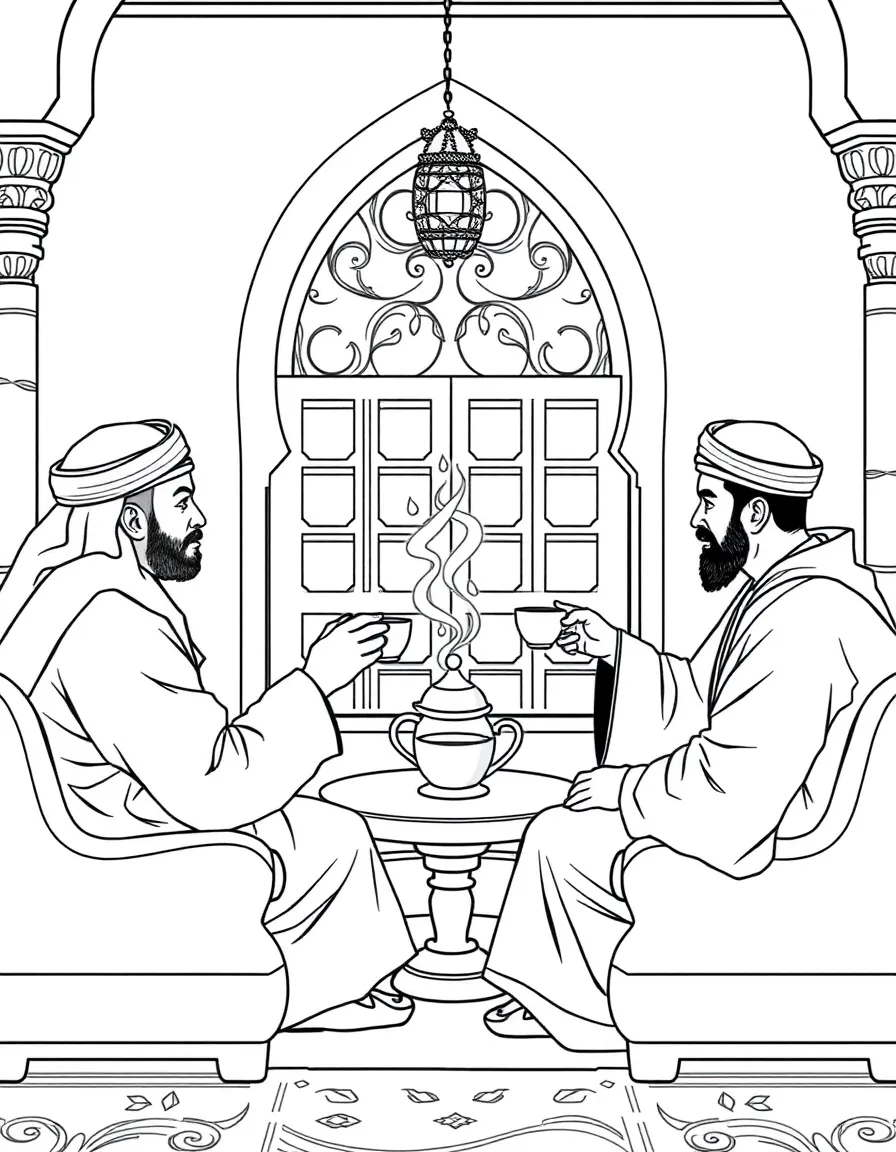 (Qatar) Men sitting in a traditional majlis (sitting area) drinking Arabic coffee from a dallah (coffee pot) and talking