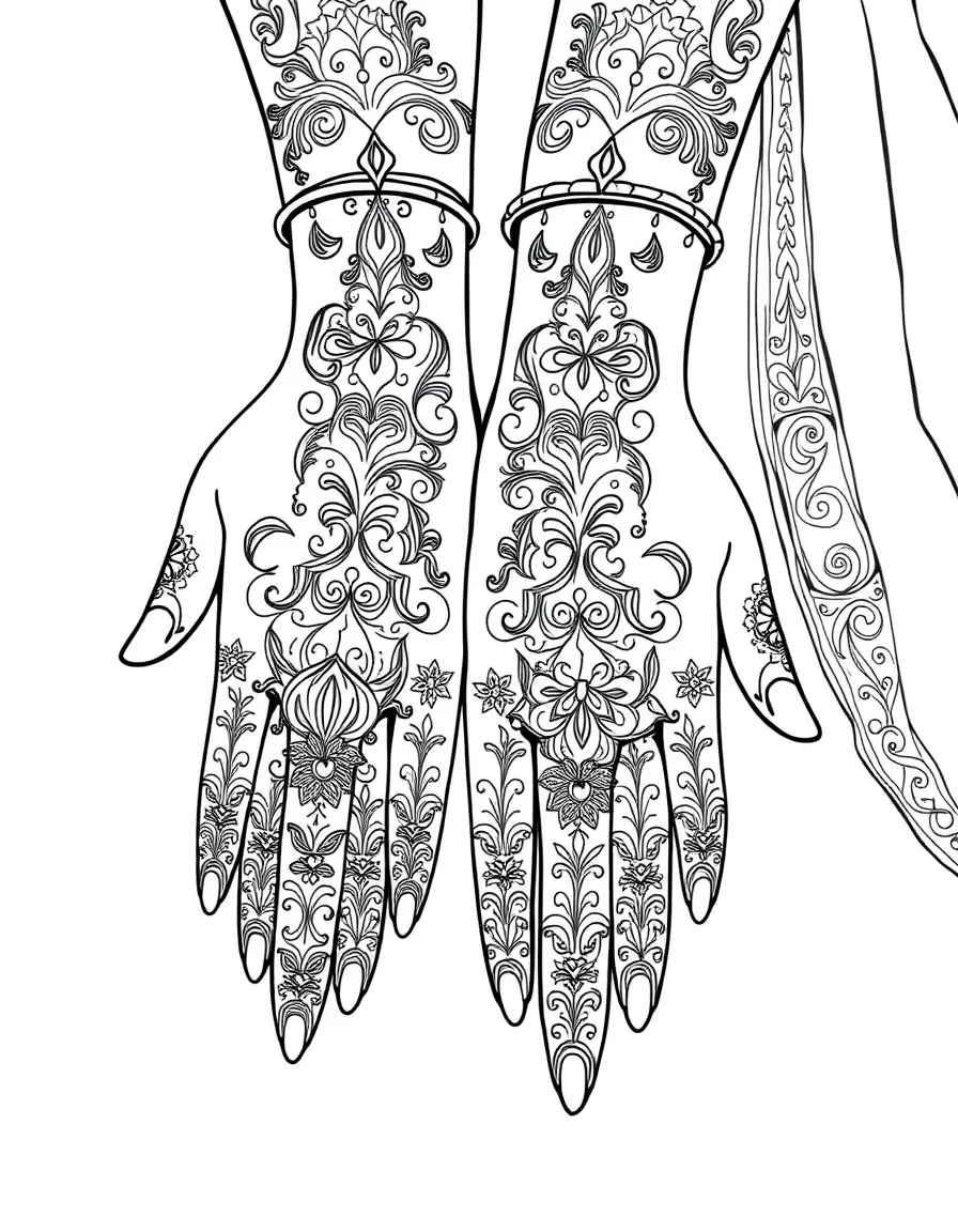 (Qatar) A bride’s hands adorned with intricate henna designs before a Qatari wedding ceremony