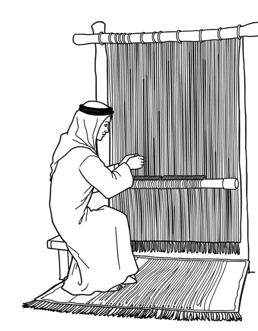 (Qatar) Artisans weaving an Al-Sadu rug on a traditional loom (a Bedouin weaving craft)