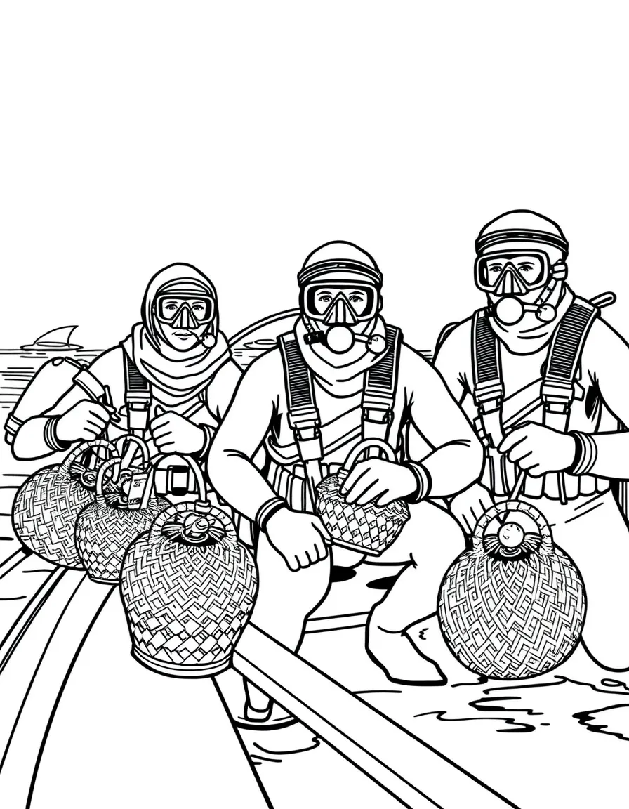 (Qatar) Pearl divers on a boat, preparing to dive with nose clips and woven baskets (honoring Qatar’s pearl-diving heritage)