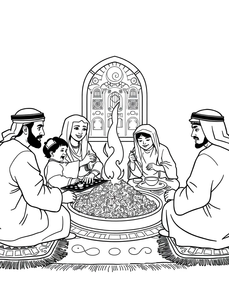 (Qatar) A Qatari family enjoying a meal of machboos (spiced rice and meat dish) while sitting on carpets on the floor