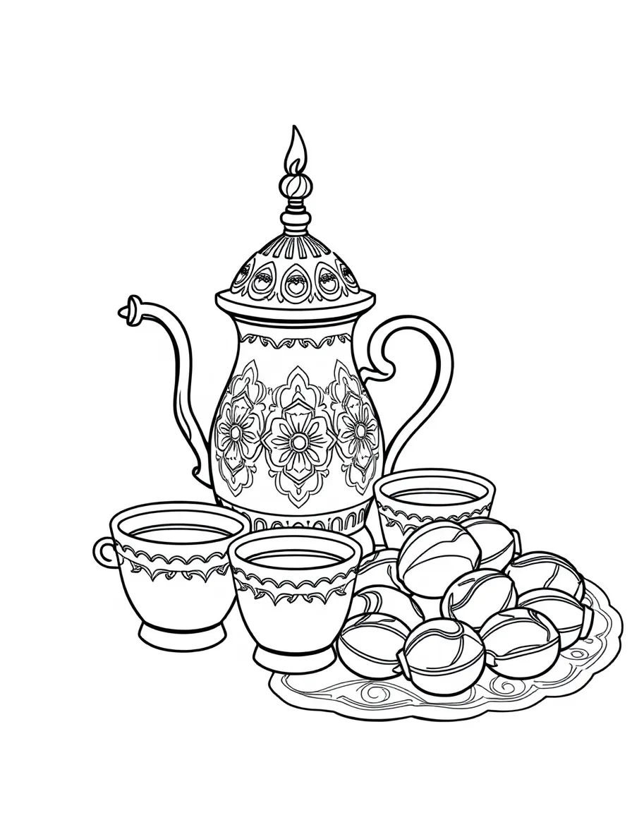 (Qatar) An elaborate Arabic coffee set with a decorative dallah pot and small cups alongside a plate of dates